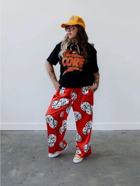 Wide Leg Dice Print Satin Pants in Red